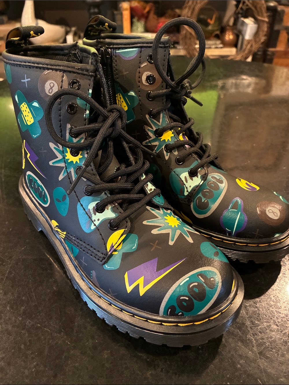 NEW Kids Teal & Black Graphic Doc Martens Boots -Space Print Sz 2